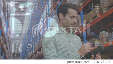 Image of infographic interface over caucasian man checking inventory in warehouse Image of infographic interface over caucasian man checking inventory in warehouse 116171005