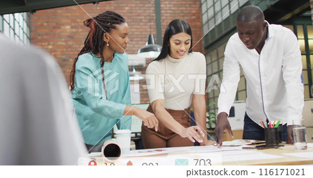 Image of numbers, icons in notification bars, diverse coworkers discussing blueprint in office Image of numbers, icons in notification bars, diverse coworkers discussing blueprint in office 116171021