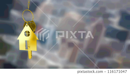 Image of gold house key fob and key, hanging in front of blurred city buildings Image of gold house key fob and key, hanging in front of blurred city buildings 116171047