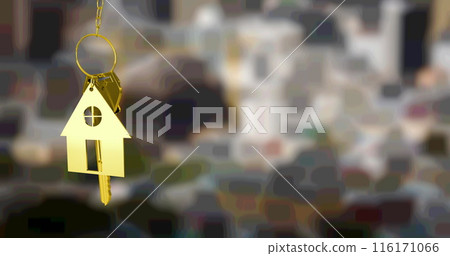 Image of gold house key fob and key, hanging in front of blurred city view Image of gold house key fob and key, hanging in front of blurred city view 116171066