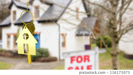 Image of gold house key fob and key, hanging in front of blurred house with for sale sign Image of gold house key fob and key, hanging in front of blurred house with for sale sign 116171073