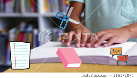 Image of school items icons over schoolboy reading braille 116171075