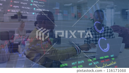 Image of stock market data processing against diverse man and woman discussing at office Image of stock market data processing against diverse man and woman discussing at office 116171088