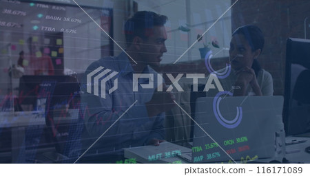 Image of stock market data processing against diverse man and woman discussing at office Image of stock market data processing against diverse man and woman discussing at office 116171089