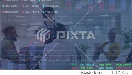 Image of stock market data processing over diverse colleagues discussing together at office 116171092