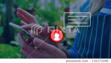 Image of neon profile and message icon against mid section of woman using smartphone outdoors Image of neon profile and message icon against mid section of woman using smartphone outdoors 116171098