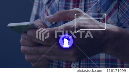 Image of neon profile and message icon against mid section of man using a smartphone Image of neon profile and message icon against mid section of man using a smartphone 116171099