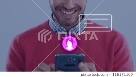 Image of neon profile and message icon against mid section of caucasian man using a smartphone 116171100