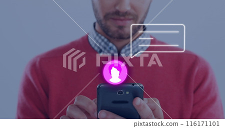 Image of neon profile and message icon against mid section of caucasian man using a smartphone 116171101