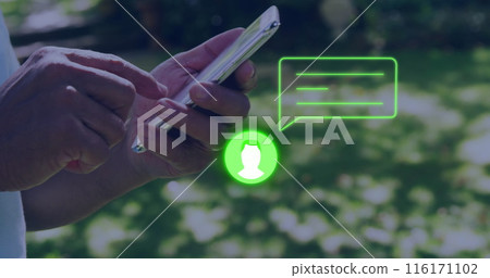 Image of neon profile and message icon against mid section of man using smartphone in the park Image of neon profile and message icon against mid section of man using smartphone in the park 116171102