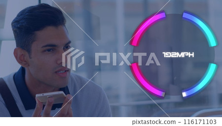 Image of neon speedometer against biracial man talking on smartphone at office Image of neon speedometer against biracial man talking on smartphone at office 116171103