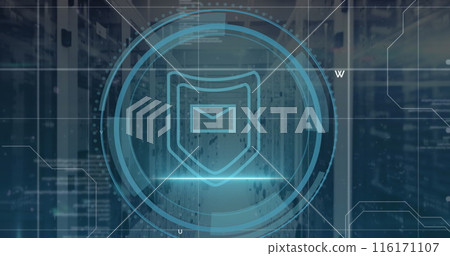 Image of shield icon and data processing over computer servers Image of shield icon and data processing over computer servers 116171107