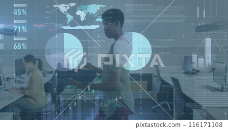 Image of statistical data processing against african american woman with file walking at office Image of statistical data processing against african american woman with file walking at office 116171108