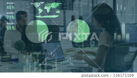 Image of statistical data processing against biracial woman using laptop at office 116171109