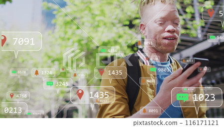 Image of social media data processing over albino man using smartphone in city Image of social media data processing over albino man using smartphone in city 116171121