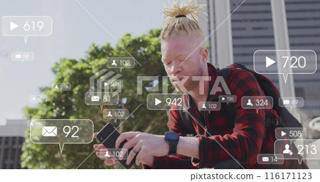 Image of social media data processing over albino man using smartphone in city 116171123