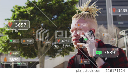 Image of social media data processing over albino man using smartphone in city Image of social media data processing over albino man using smartphone in city 116171124