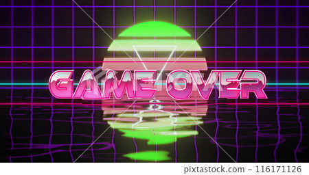 Image of game over text, grid pattern sea against triangle on sun on black background Image of game over text, grid pattern sea against triangle on sun on black background 116171126
