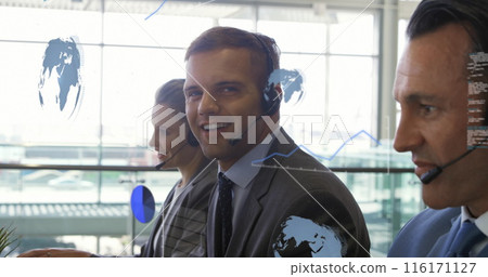 Image of financial data processing over diverse business people in office 116171127