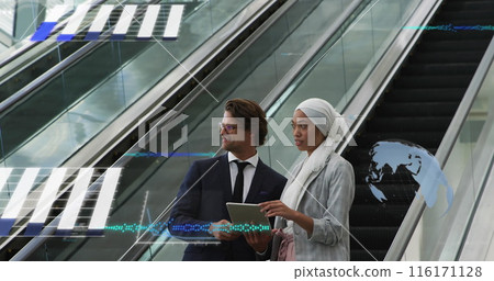 Image of financial data processing over diverse business people on escalator Image of financial data processing over diverse business people on escalator 116171128