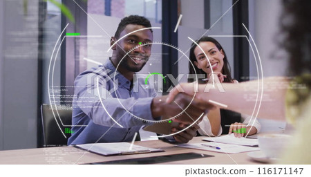 Image of circles and computer language over diverse entrepreneurs discussing and shaking hands Image of circles and computer language over diverse entrepreneurs discussing and shaking hands 116171147