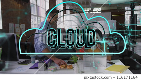 Image of cloud text in cloud over caucasian coworkers having snacks and coffee in office Image of cloud text in cloud over caucasian coworkers having snacks and coffee in office 116171164