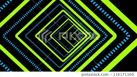 Image of bright green and blue neon lines are forming intricate geometric pattern 116171169