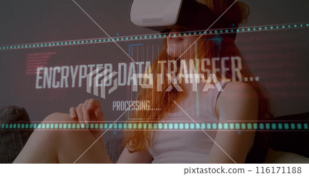Image of data processing over woman wearing vr headset Image of data processing over woman wearing vr headset 116171188