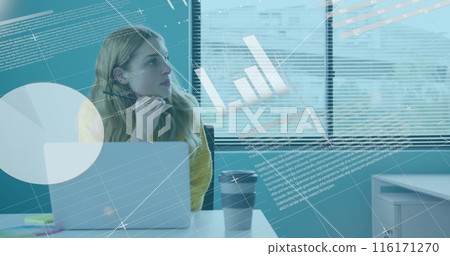 Image of statistical data processing over thoughtful caucasian woman taking notes at office 116171270