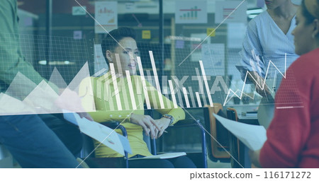 Image of data processing over biracial disabled woman discussing with colleagues at office 116171272