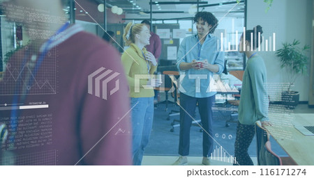 Image of statistical data processing against group of diverse colleagues discussing at office Image of statistical data processing against group of diverse colleagues discussing at office 116171274