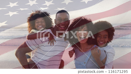 Image of flag of usa over african american couple with son and daughter on vacation 116171295