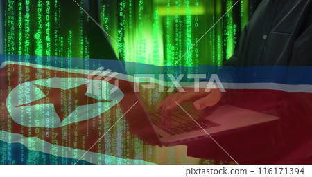 Image of binary coding with hacker over flag of north korea 116171394