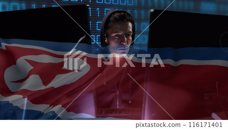 Image of binary coding with hacker over flag of north korea Image of binary coding with hacker over flag of north korea 116171401
