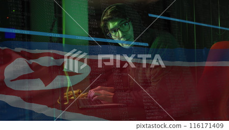 Image of binary coding with hacker over flag of north korea 116171409