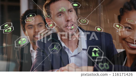 Image of eco icons and data processing over diverse business people in office Image of eco icons and data processing over diverse business people in office 116171426