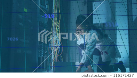 Image of data processing over african american it woman by computer servers Image of data processing over african american it woman by computer servers 116171427