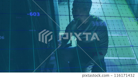 Image of data processing over african american it man by computer servers 116171432