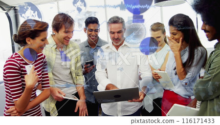 Image of data processing over diverse business people in office 116171433