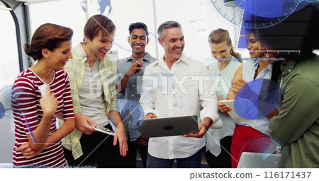 Image of data processing over diverse business people in office 116171437