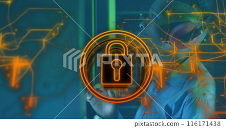 Image of icon padlock data processing over african american it man by computer servers 116171438