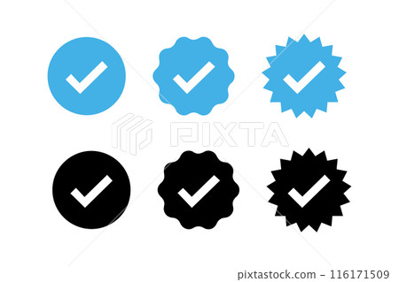 Verified badge icon tick symbol Vector blue verification badge approved check mark icon, official account profile verify. 116171509