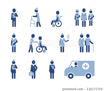 Hospital clinic medical halthcare icons. Doctor and nurse, patients icon symbols. Medical clinic characters sign pictograms. Hospital clinic medical halthcare icons. Doctor and nurse, patients icon symbols. Medical clinic characters sign pictograms. 116171729