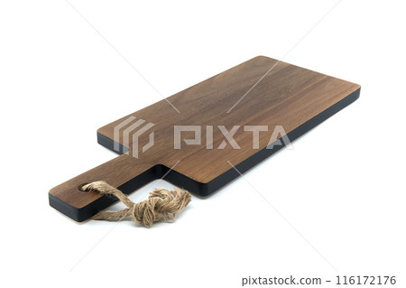 Wooden cutting board with handle and rope isolated on white background Wooden cutting board with handle and rope isolated on white background 116172176