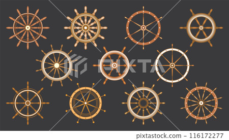 Wooden vintage steering wheels. Ship, sailboat or yacht retro wheel symbol. Brown nautical rudder icon. Marine logotype design element. Vector illustration Wooden vintage steering wheels. Ship, sailboat or yacht retro wheel symbol. Brown nautical rudder icon. Marine logotype design element. Vector illustration 116172277