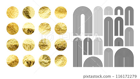 Mid century arch elements, modern geometric shapes. Gold foil, shiny handmade circles. Golden glittering texture, pattern. Contemporary design, minimalist art. Trendy design. Vector illustration Mid century arch elements, modern geometric shapes. Gold foil, shiny handmade circles. Golden glittering texture, pattern. Contemporary design, minimalist art. Trendy design. Vector illustration 116172279
