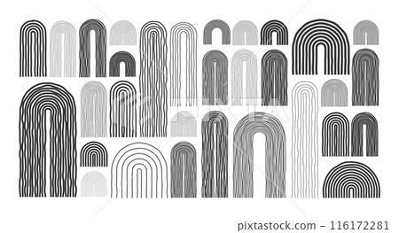 Mid century arch elements, modern geometric shapes. Contemporary design, minimalist art. Hand drawn lines. Trendy design elements for wall decor, posters, books and covers. Vector illustration Mid century arch elements, modern geometric shapes. Contemporary design, minimalist art. Hand drawn lines. Trendy design elements for wall decor, posters, books and covers. Vector illustration 116172281