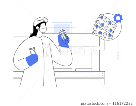Drug manufacturing abstract concept vector illustration. Drug manufacturing abstract concept vector illustration. 116172282
