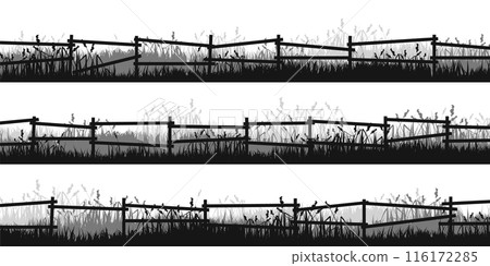 Meadow silhouettes with grass and old wooden fence. Countryside, panoramic summer lawn rural landscape with herbs, weeds. Herbal border, frame element. Black horizontal banners. Vector illustration Meadow silhouettes with grass and old wooden fence. Countryside, panoramic summer lawn rural landscape with herbs, weeds. Herbal border, frame element. Black horizontal banners. Vector illustration 116172285
