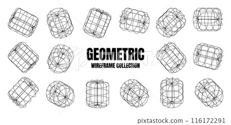 Wireframe lined shapes. Perspective mesh, 3d grid. Low poly geometric elements. Retro futuristic design elements, y2k, vaporwave and synthwave style. Vector illustration 116172291